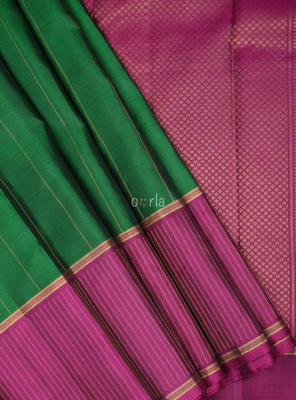 Ezhil - Forest Green & Purple Stripes Handloom Soft Silk Saree