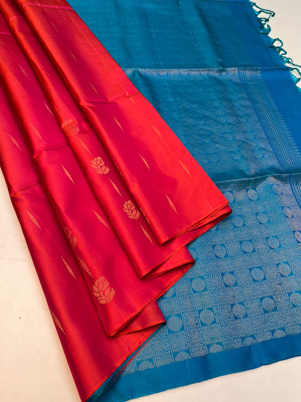 Mughizh - Pinkish Red with Blue Bhutta Handloom Soft Silk Saree