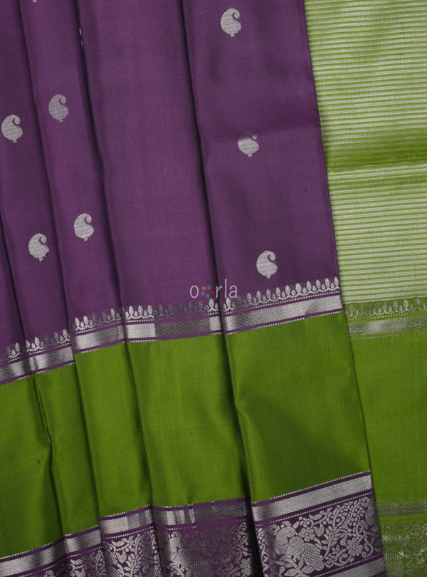 Mughizh - Grape & Valley Green (Kanchi Border) Handloom Soft Silk Saree