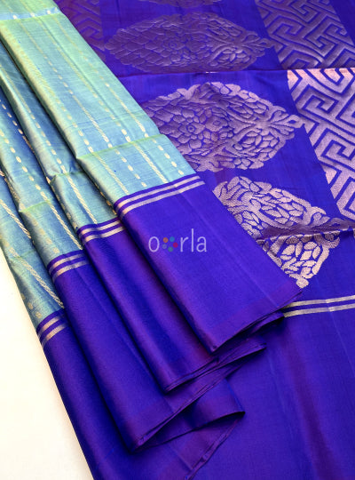 Swarnam - Bluish Green & Purple Fancy Handloom Soft Silk Saree