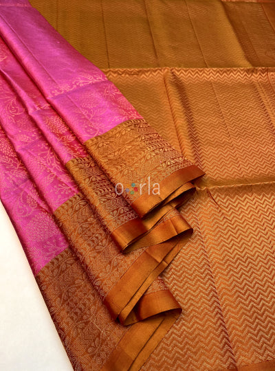 Vivaha - Candy Pink & Mustard Bridal Handloom Soft Silk Saree