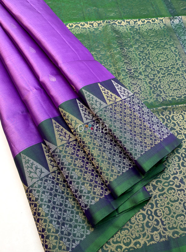 Ezhil - Lavender & Bluish Green Turning Handloom Soft Silk Saree