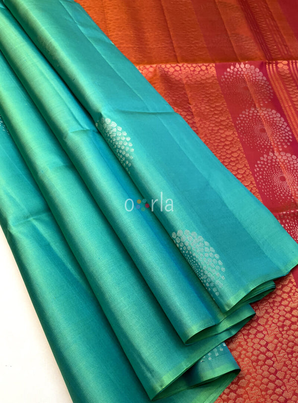 Mughizh - Pink Orange & Aqua Bhutta Handloom Soft Silk Saree