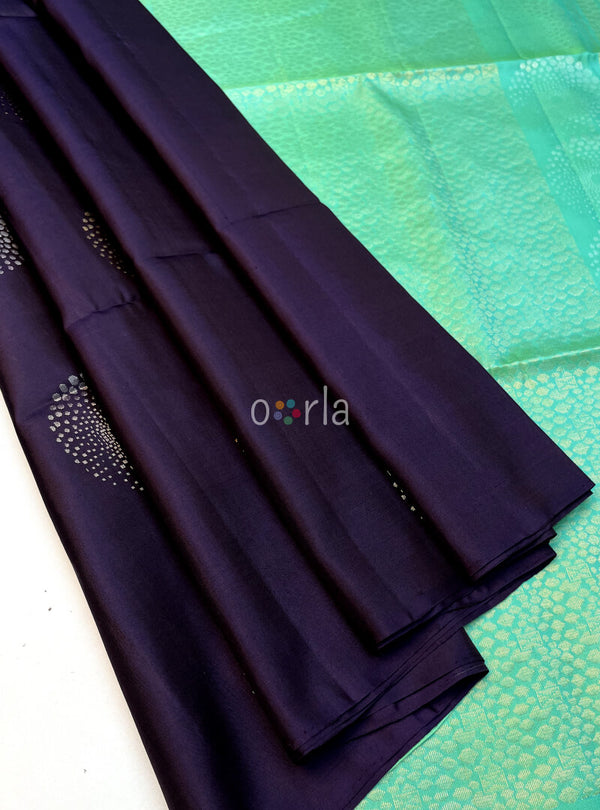 Mughizh - Aqua Blue & Purple Bhutta Handloom Soft Silk Saree