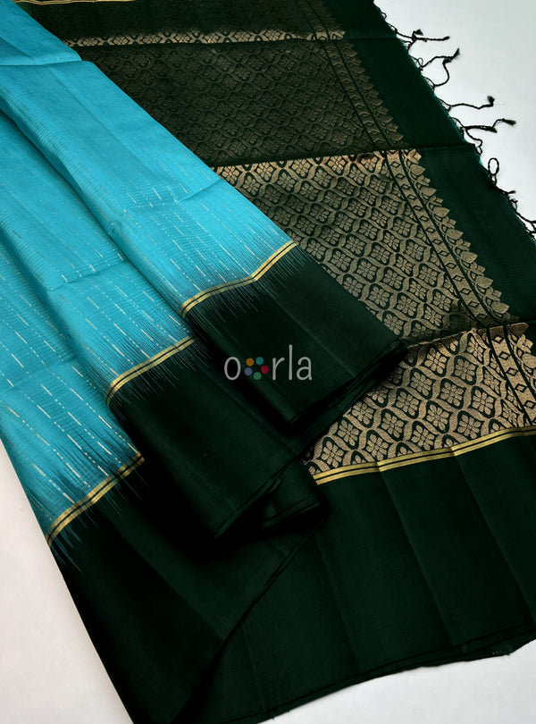 Swarnam - Light Blue with Green Exclusive Fancy Design Rain Drop Soft Silk Sarees Contrast Border Handloom Soft Silk Saree