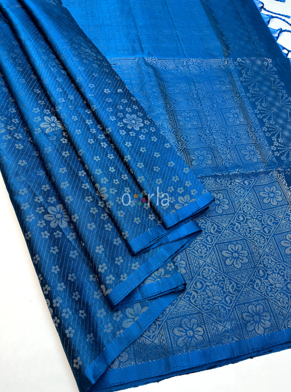 Ezhil - Metal Blue Pure Silver Zari with Sleeve Work Handloom Soft Silk Saree