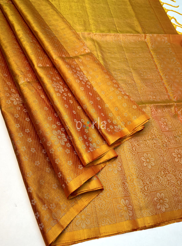 Ezhil - Mango Yellow Pure Silver Zari with Sleeve Work Handloom Soft Silk Saree