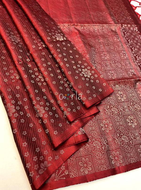 Ezhil - Reddish Maroon Pure Silver Zari with Sleeve Work Handloom Soft Silk Saree