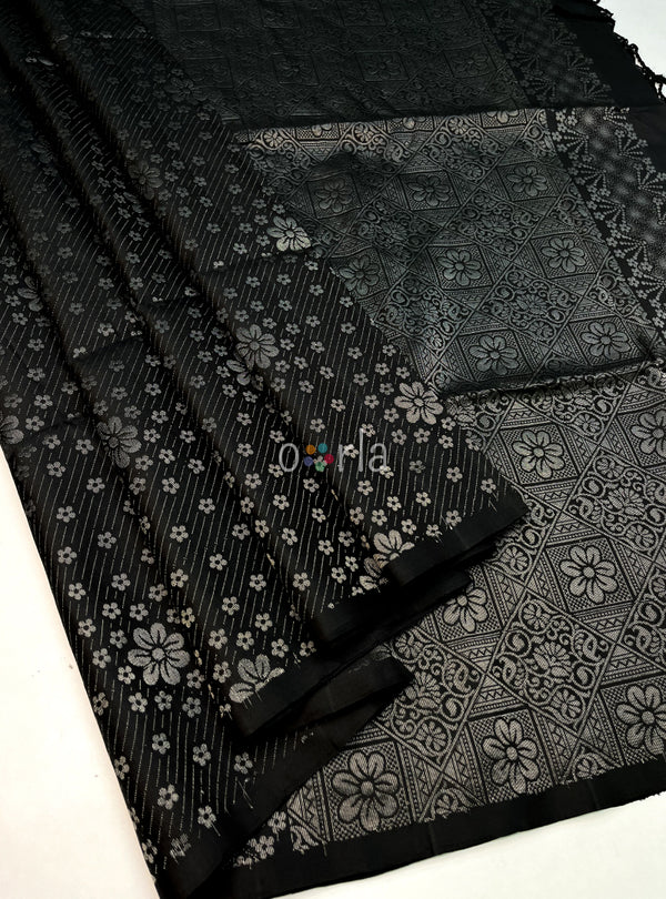 Ezhil - Black Pure Silver Zari with Sleeve Work Handloom Soft Silk Saree