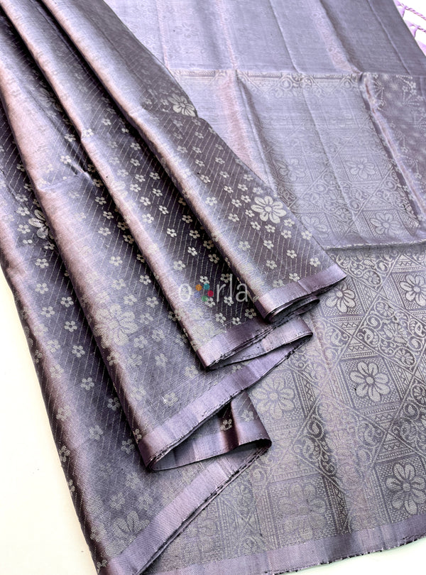 Ezhil - Lilac Pure Silver Zari with Sleeve Work Handloom Soft Silk Saree