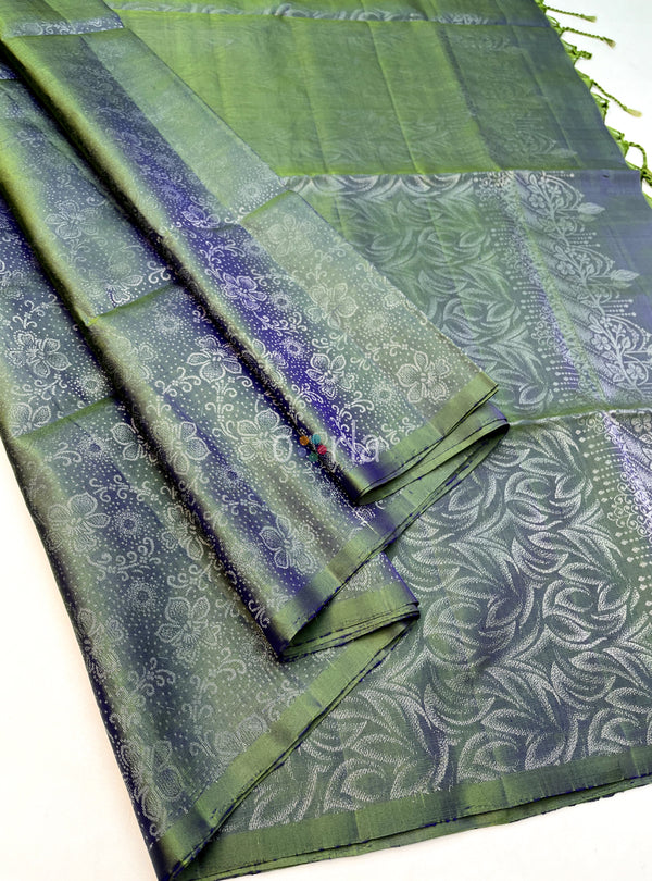 Ezhil - Green Cross Blue Pure Silver Zari with Sleeve Work Handloom Soft Silk Saree