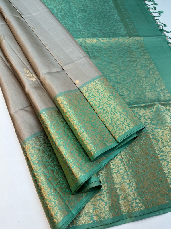 Mughizh - Cream with Mint Green Sleeve Work Handloom Soft Silk Jacquard Border Saree