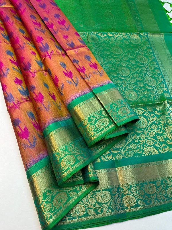 Vivaha - Peach with Green - Pochampally ikkat with Sleeve Work Handloom Soft Silk Jaquard Border Saree