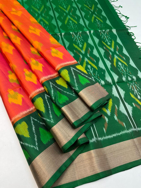 Swarnam -  Orange with Forest Green Double Warp Handloom Pochampally Ikkat Deisgn with Tie and Dye Concept Handloom Soft Silk Saree