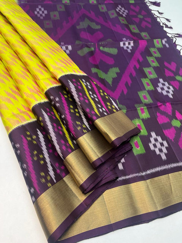 Swarnam -  Bright Yellow with Purple Double Warp Handloom Pochampally Ikkat Deisgn with Tie and Dye Concept Handloom Soft Silk Saree